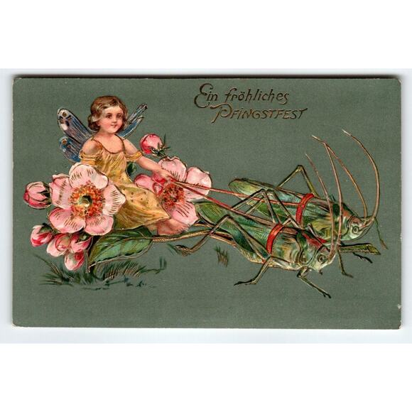 Fairy Girl Rides Grasshopper Chariot Fantasy Postcard Anthropomorphic Embossed - Picture 1 of 2
